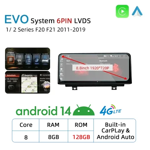 Android 14 Беспроводной автомобильный Carplay для BMW 1 2 серии F20 F21 F22 F23 Автомобильная стереосистема с сенсорным экраном Авторадиоплеер 4G GPS-навигация