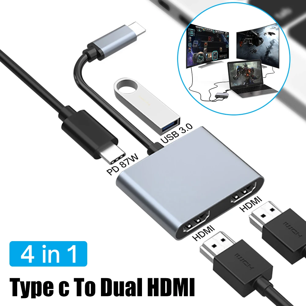 

USB-концентратор 4 в 1, совместимый с двумя HDMI-портами, 87 Вт, USB 3,0