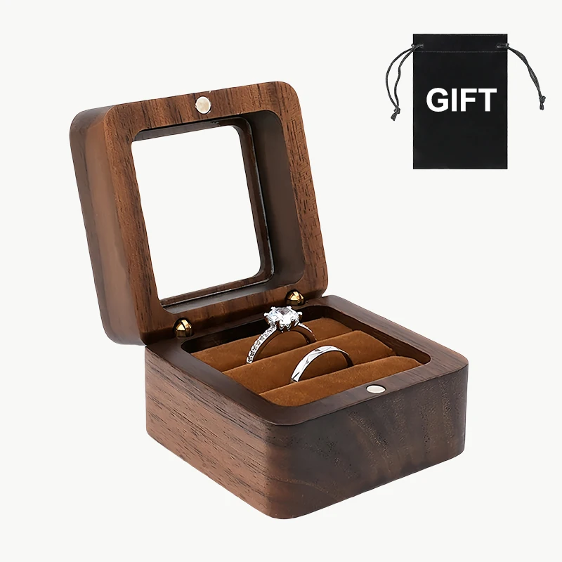 

Персонализированная шкатулка для колец из орехового дерева с окошком, держатель для обручальных колец, квадратный футляр для ювелирных изделий для предложения на годовщину свадьбы