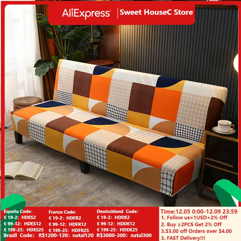 

Spandex Stretch Armless Sofa Bed Cover Geometric Print Without Armrest Elastic Folding Furniture Protector Home Bench Slipcover