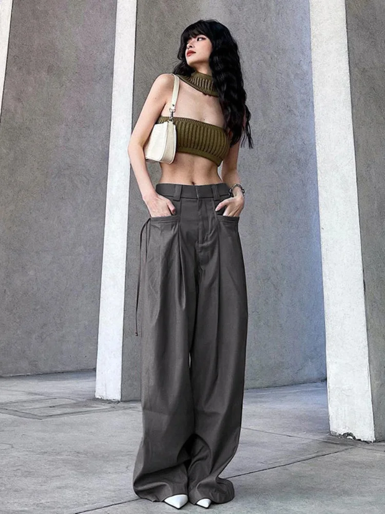 

Брюки женские серые с широкими штанинами, мешковатые карго-штаны в уличном стиле, повседневные модные в Корейском стиле, большие размеры, Y2k