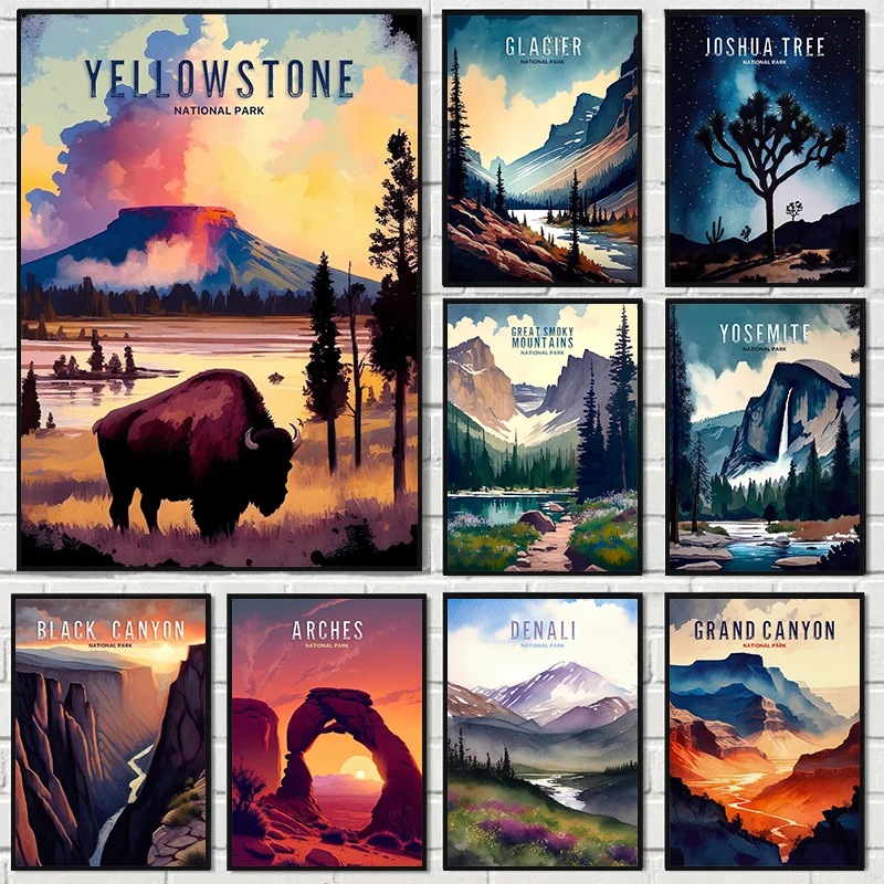 

National Park Print Mountain Vintage Art Canvas Painting Travel Cities Posters Retro Landscape Wall Art Picture for Living Room