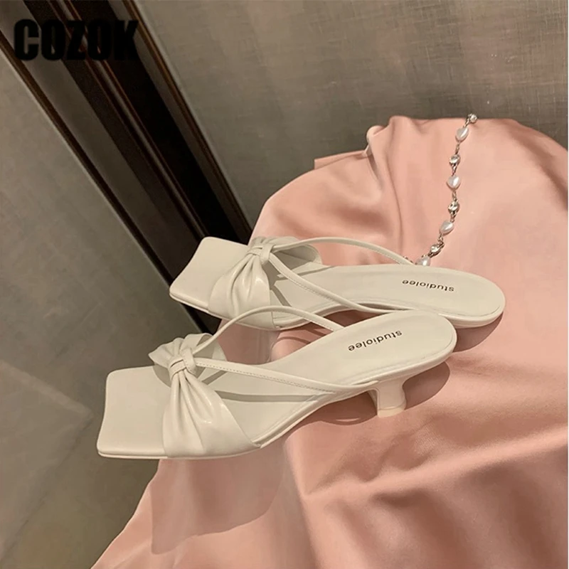 

Сланцы женские кожаные с квадратным носком, удобные шлепанцы с бантом, на низком каблуке, летняя Уличная Повседневная обувь