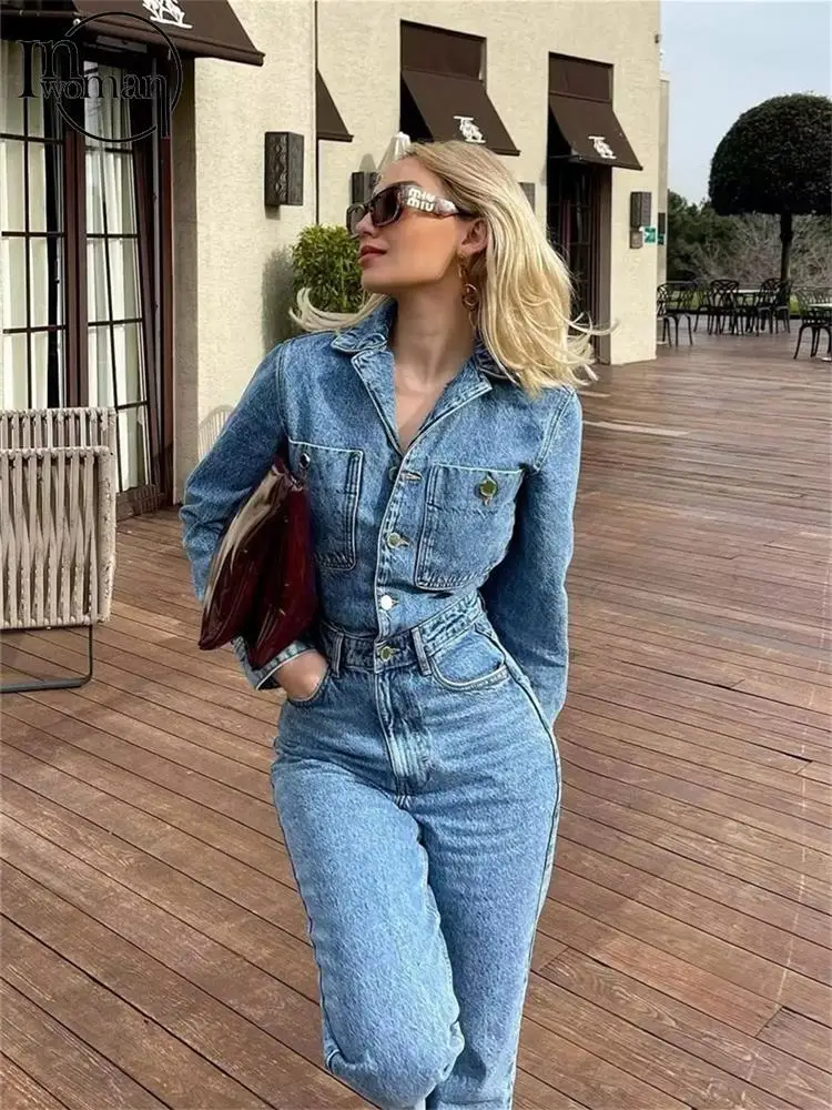 

Женский слитный джинсовый комбинезон Inwoman, элегантный джинсовый комбинезон с длинным рукавом, уличная одежда Y2k, винтажный Модный комбинезон с отложным воротником, 2023