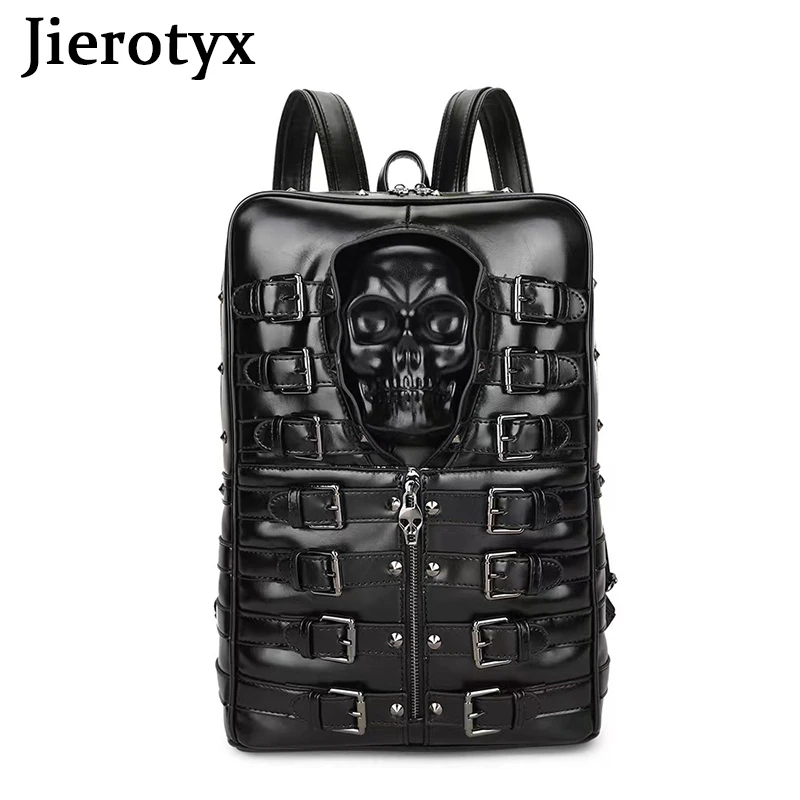 JIEROTYX Punk Style Travel Bag for Women and Men Black Skull Daypack Backpack Belt Buckle Decor Skeleton Gothic Bags Large