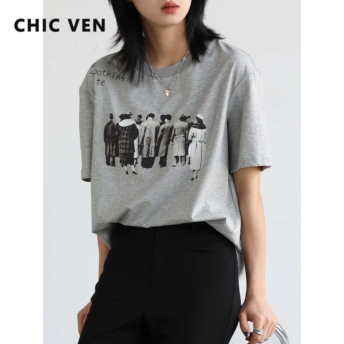 

CHIC VEN Short Sleeve Print Clothing Women's T-Shirt O-neck Tees Casual Loose Ladies Graphic Tshirt Female Tops Summer 2022