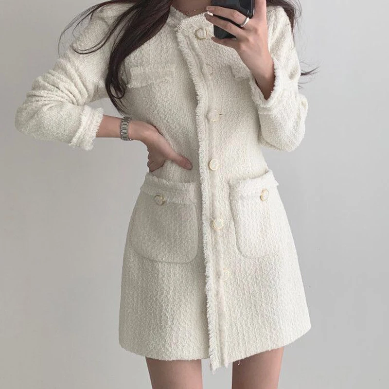 Fall Vintage Spring Luxury Party Tweed Dresses for Women High Waist Long Sleeve A-Line Woman Dress 2022 Elegant Single-breasted