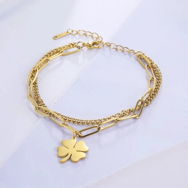 

EUEAVAN 10pcs/lot Wholesale Four-leaf Clover Bracelet for Women Lucky Double Layer Chain Stainless Steel Bracelets Jewelry Gift