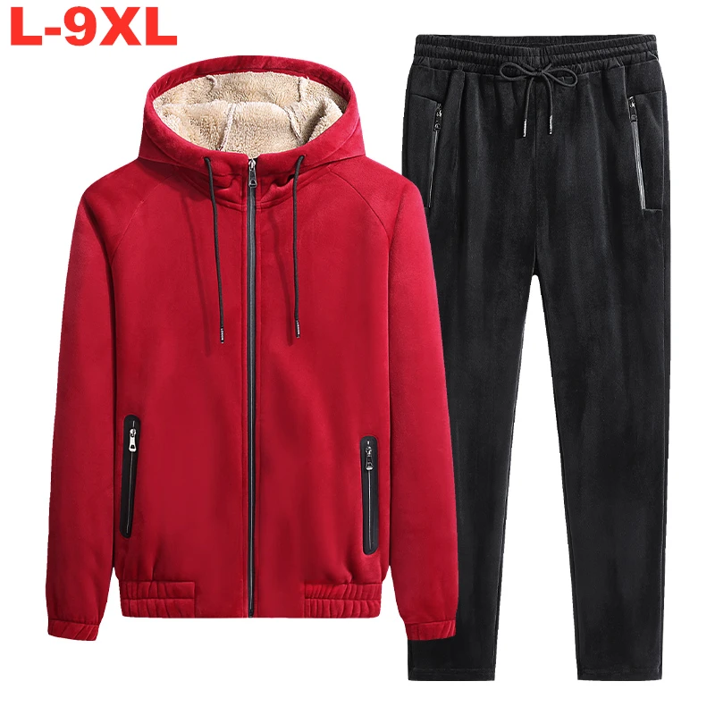 

Plus Size 9xl 8xl 7xl Men 2 Piece Sets Fleece Tracksuits Winter Thicken Hoodie Sweatpants Set Male Zipper Hooded Sportswear Suit