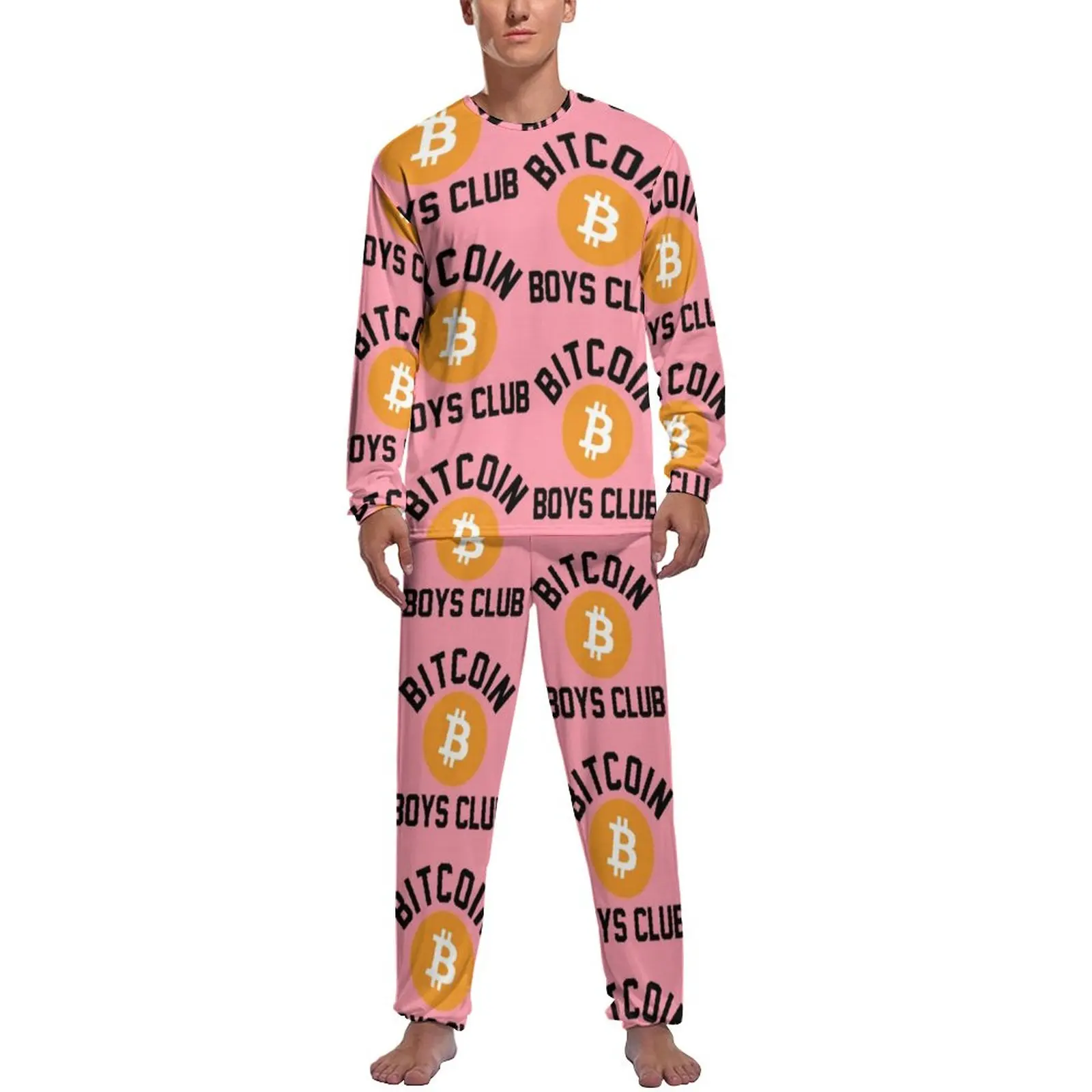 Bitcoin Logo Pajamas Man Crypto Currency Print Warm Sleepwear Winter Long Sleeve 2 Piece Casual Graphic Pajamas Set