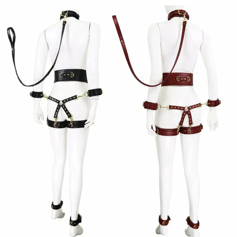 

PU Leather Set Erotic Neck Collar Wrist Handcuffs Thigh Ankle Cuffs Waistband Restraint Slave BDSM Bondage Adult Game Sex Toys