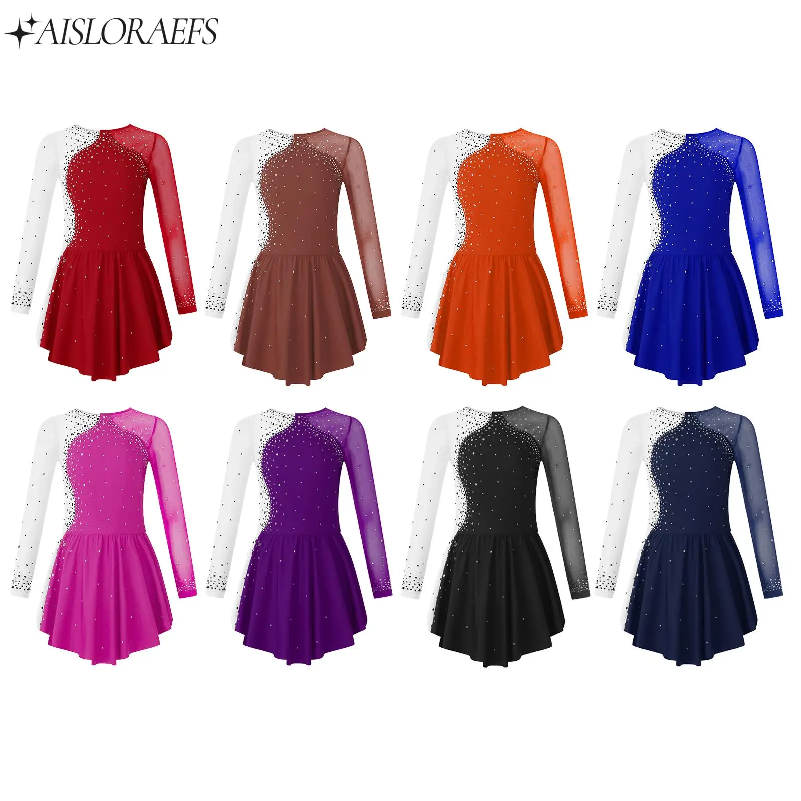 

Kids Girls Ballet Gymnastics Leotards with Skirt Stylish Round Neckline Shiny Rhinestone Dance Practice Dress Skating Clothes