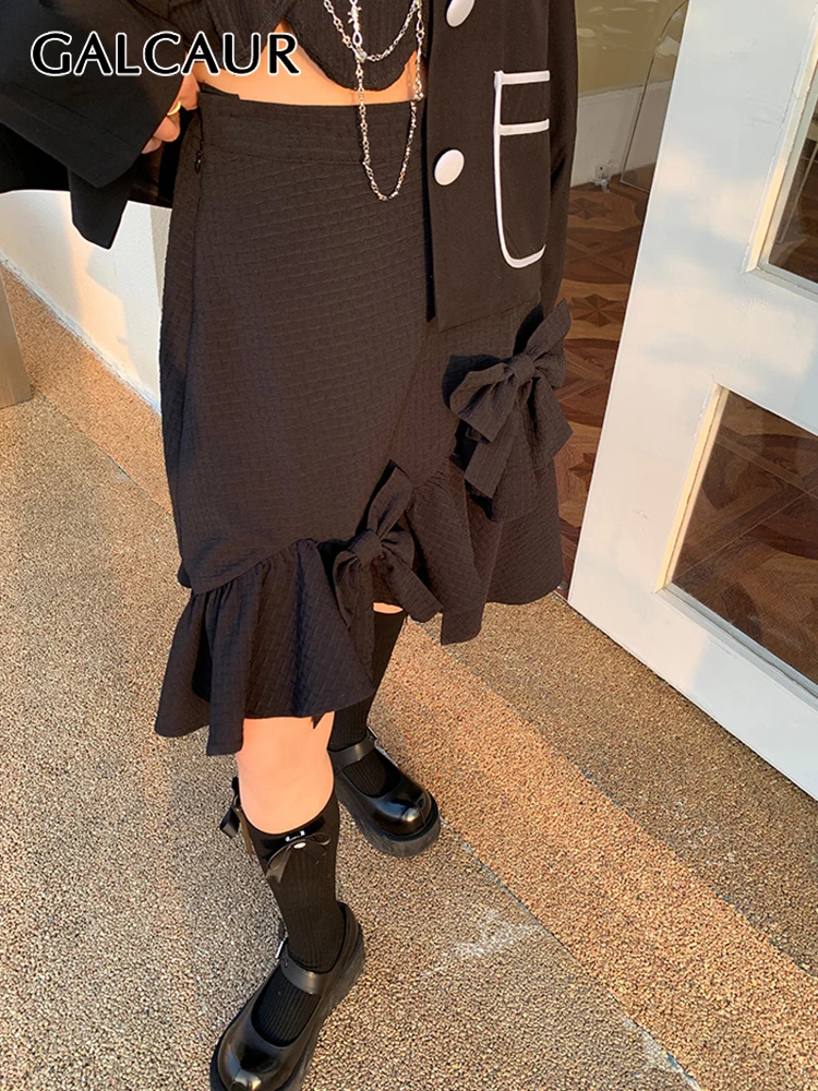 

GALCAUR Black Irregular Hem Skirt For Women High Waist Ruffle Trim Asymmetrical Hem Midi Skirts Female Fashion Summer Clothing
