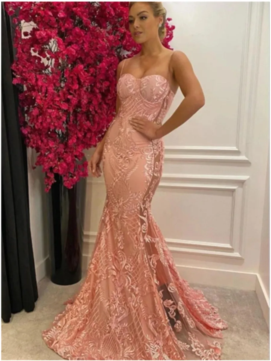 Square Collar Sequbins Maxi Dress Long Train Mermaid Sleeveless Evening Party Tank Dress Stretch Pink Floor Length Gown