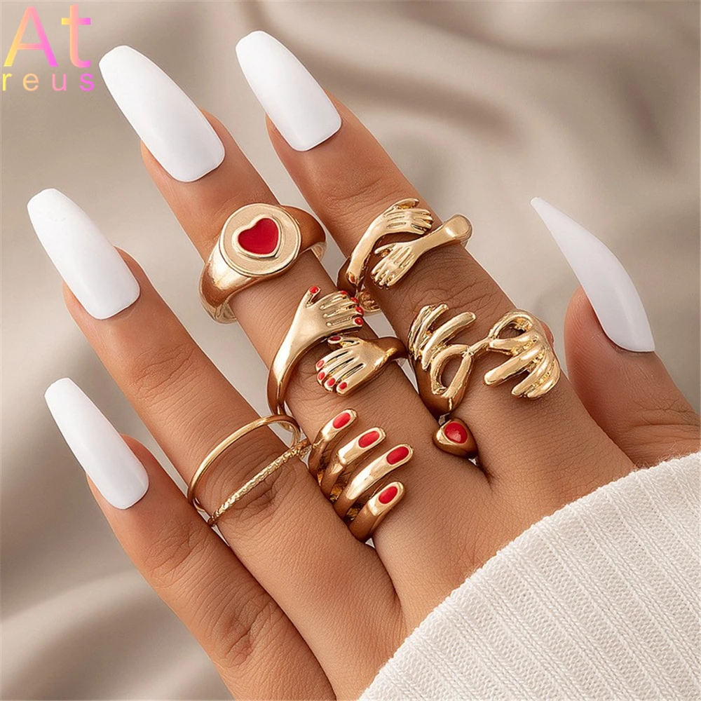 

6pcs Gold plated Red Embrace Hands Rings Set For Women Metal Paint Coating Unique INS Style Love Heart Knuckle Ring Boho Jewelry