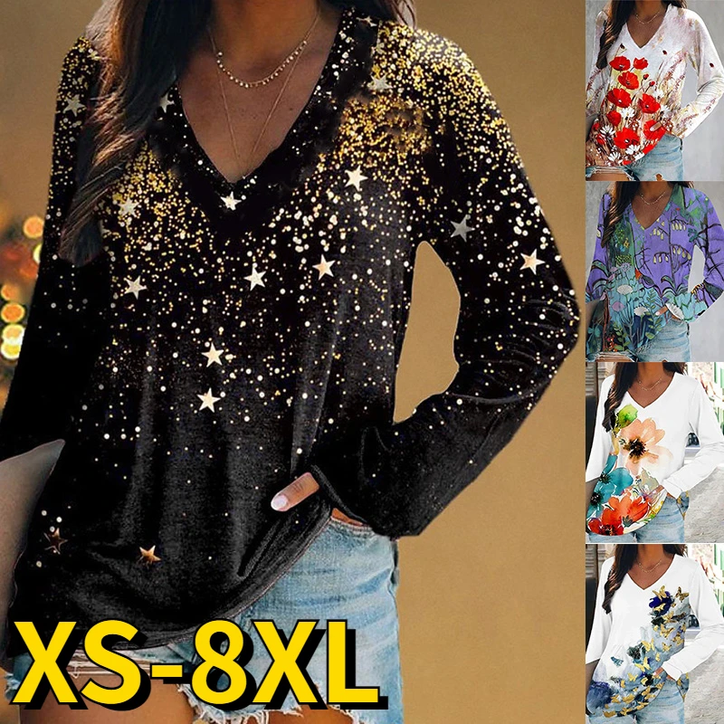 

Женская свободная футболка с длинным рукавом, Повседневный пуловер большого размера с V-образным вырезом и цветочным принтом, осень 2022