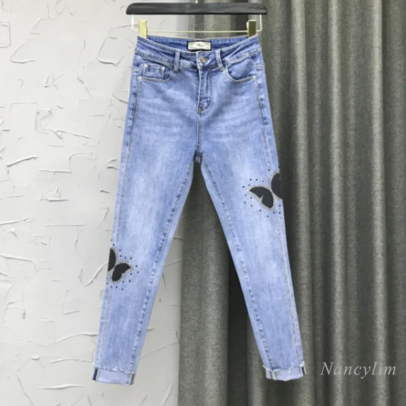 

Женская одежда, Новинка весна-лето 2022, облегающие узкие Стрейчевые джинсовые брюки со стразами и бабочками, брюки-карандаш