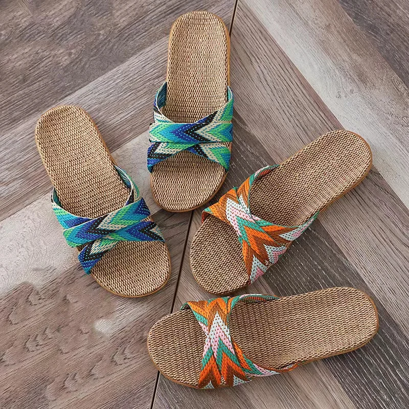 SENDNAKAI  Women's Linen Slippers Home Series Indoor Anti slip Thick Sole Slippers Wood Floor Silent Couple Style Comfortable