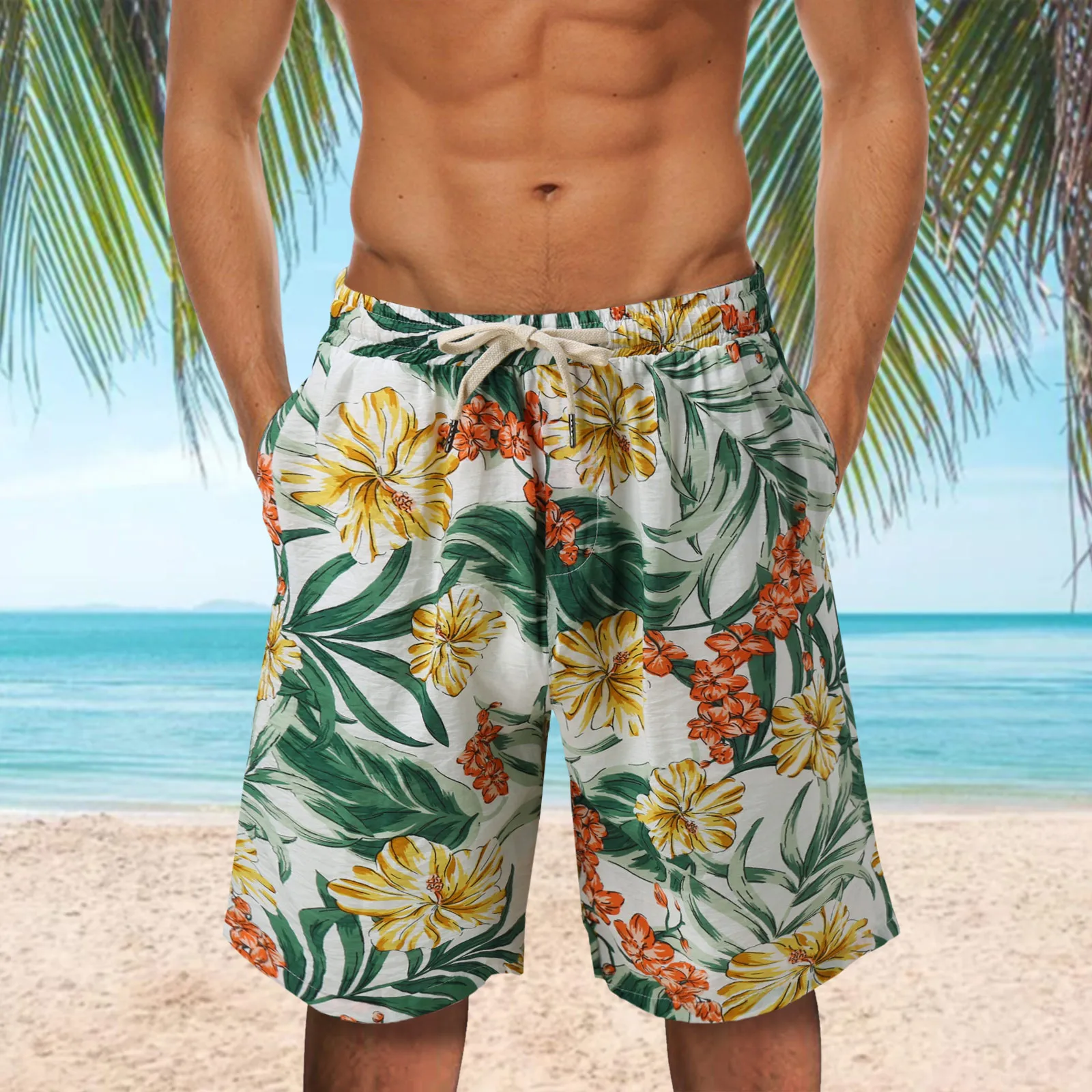 

Tropical Print Board Shorts Men Beach Shorts Summer Holiday Swimming Shorts Lightweight Quick Dry Beach Trousers Knee Length
