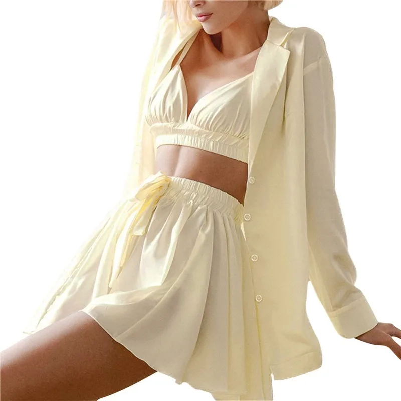 

Champagne Ladies Underwear Vest Shorts Shirt Grace Bathrobe Three Piece Set Sexy Spring Summer New Pattern Pajama Suit