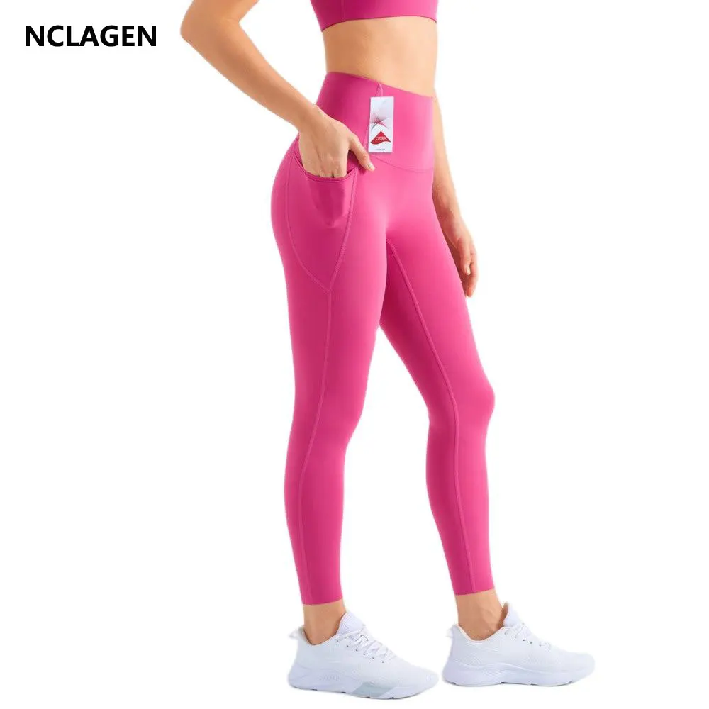 

NCLAGEN Fitness Pants Women High Waist Pocket Naked Feel Hip Lifting Gym Leggings Anti-curling Nylon Yoga bottoms Sports Tights