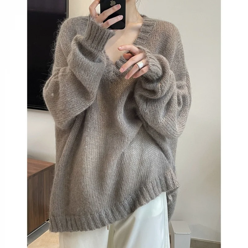 Осенняя женская одежда Idle Sle с v-образным вырезом мягкий клейкий мохеровый свитер
