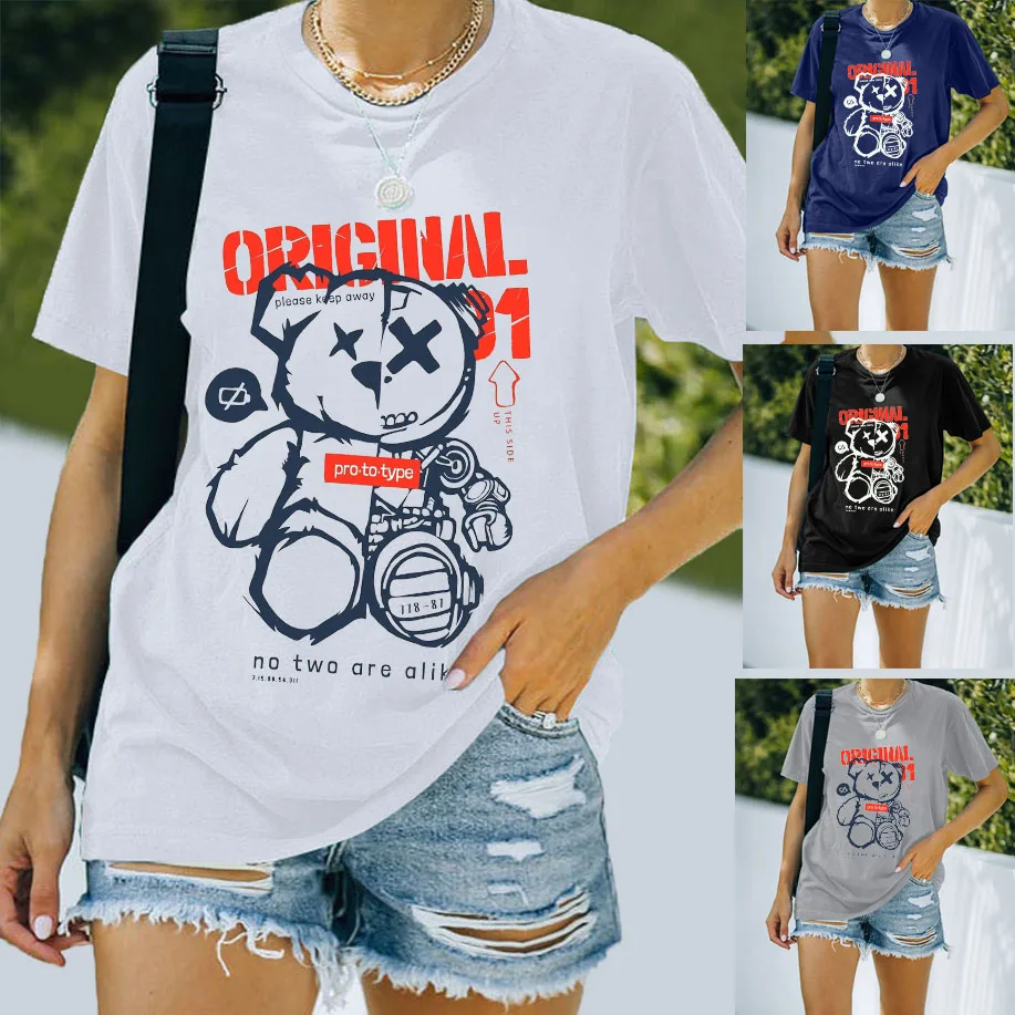 

Summer Graphic T shirt For Women Oversized Cotton Funny No Two Are Alike Mechanical Bear Print camisetas de mujer O-Neck Tees