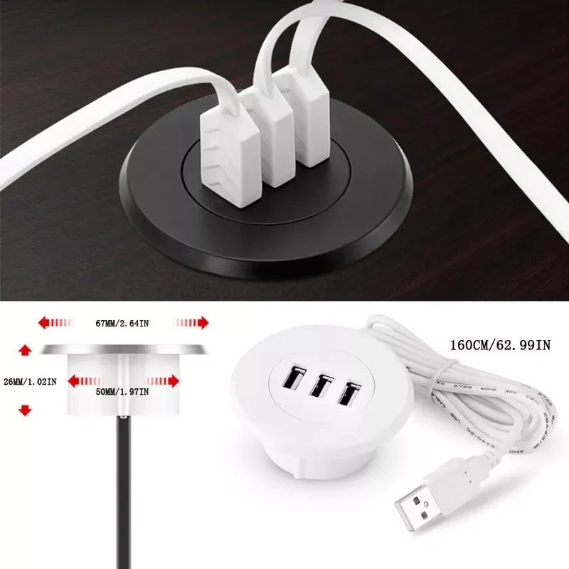 

5cm Grommet Hole In-Desk Mounting 3 Ports USB 2.0 Hub For Laptop PC Computer