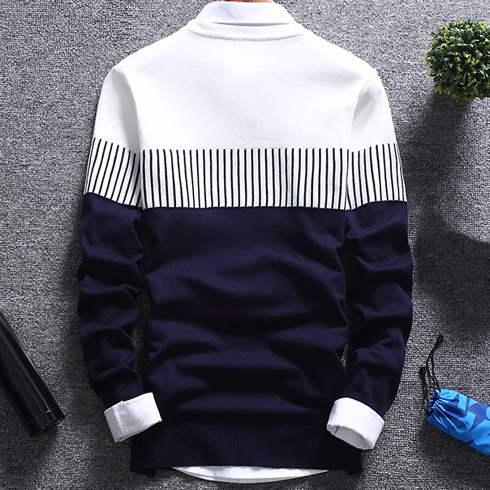 Fashion Men Color Block Patchwork O Neck Long Sleeve Knitted Sweater Top Blouse
