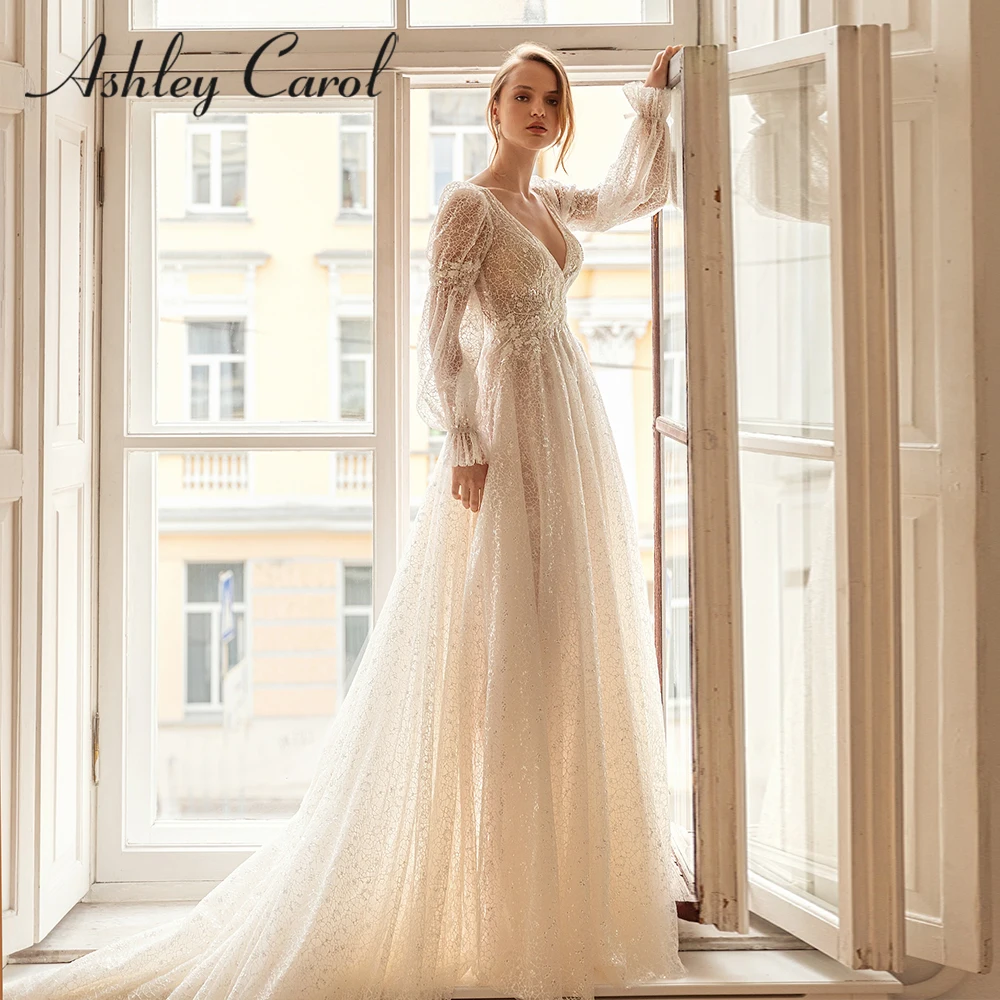 

Свадебное платье трапециевидной формы с рукавами-фонариками и v-образным вырезом, кружевное платье принцессы, свадебное платье со шлейфом, Vestido Novia 2022
