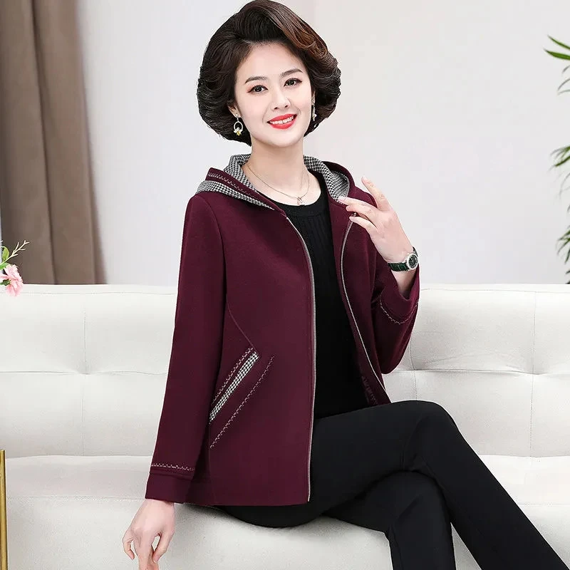 

Jackets 2022 New Spring Autumn Woolen Coat Women's Loose 6XL Outerwear Hooded Zipper Mother's Cardigan Jacket Female Overcoat