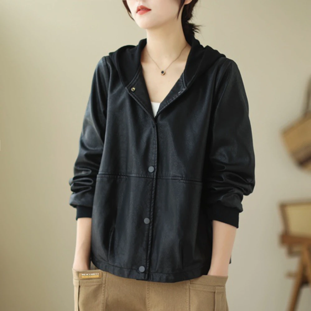 Новое осеннее кожаное пальто с капюшоном женское свободное повседневное пуловер