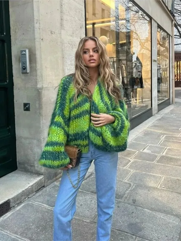 

Green Cardigan Sweater Women's Lantern Sleeve Oversize Cardigan Coat 2023 Autumn Fashion Lady Streetwear