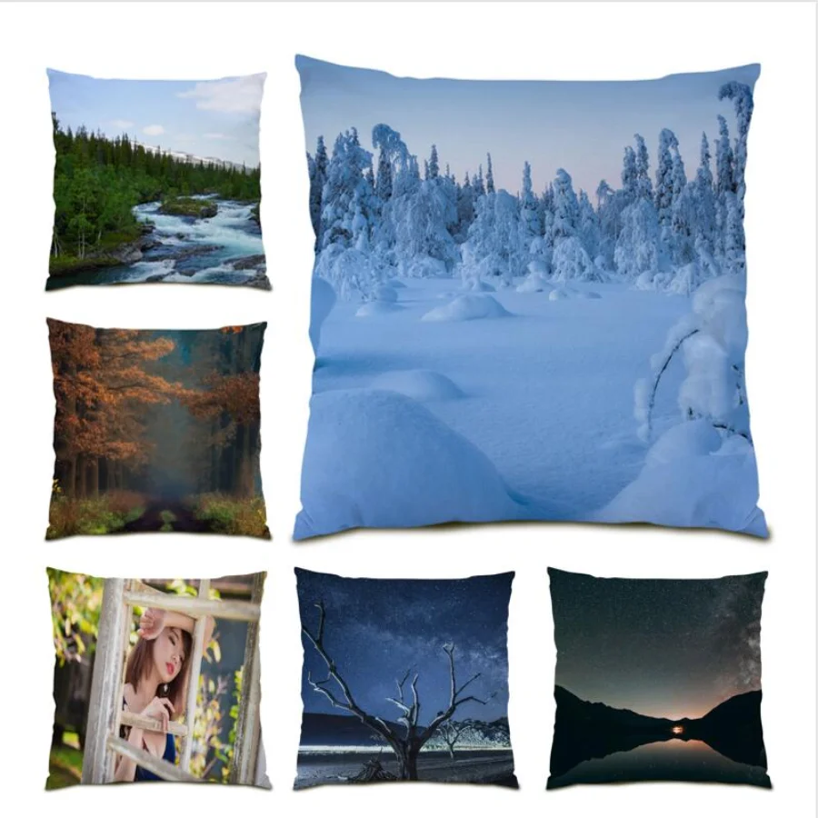 

Ice Snow Landscape Throw Pillow Covers Living Room Decoration Forest ScenicCushion Cover 45x45 Square Modern Art Gift Bed E1028