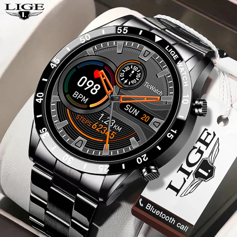 LIGE 2022 Full circle touch screen steel Band luxury Bluetooth call Men smart watch Waterproof Sport Activity fitness watch+box