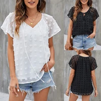 summer women swiss dots blouse t shirts solid color v neck short sleeve loose fit tie up tops