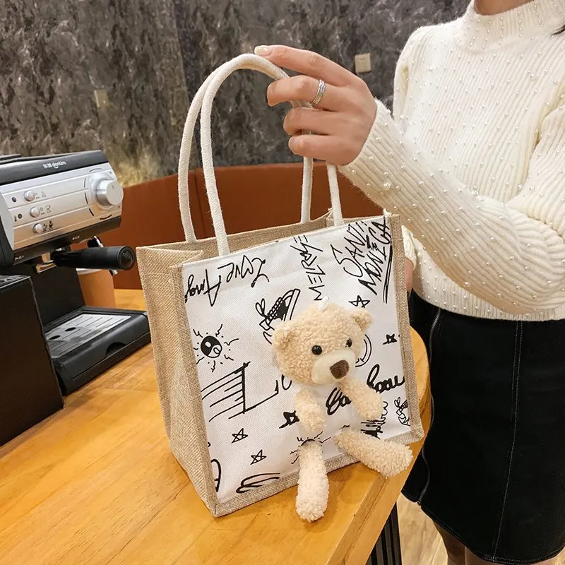 

Online Celebrity Bear Bag Female 2022 New Graffiti Linen Cow Pattern Fairy Joker Handbag Purses and Handbags