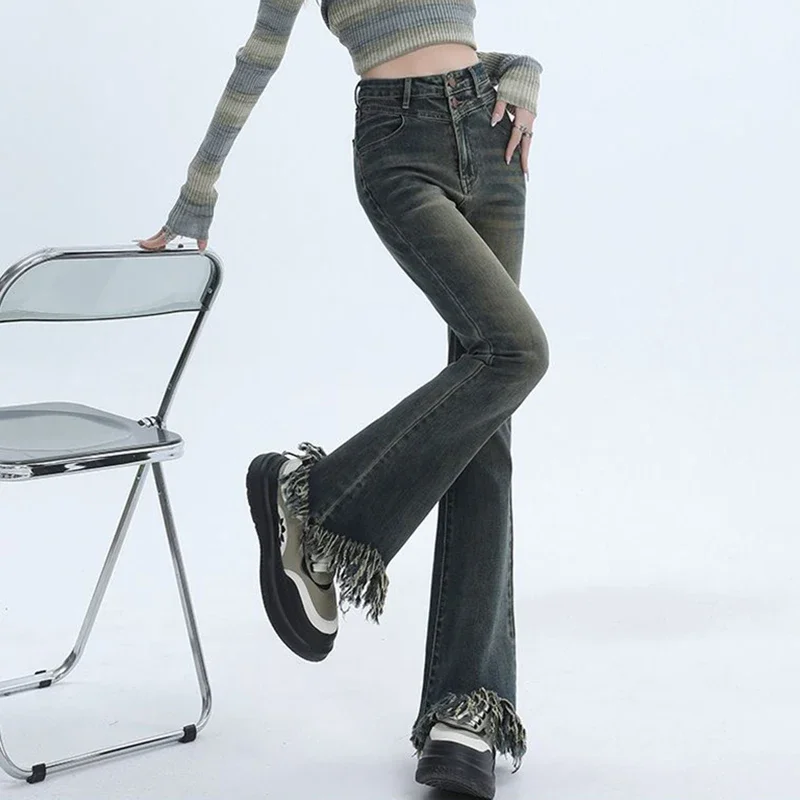Женские эластичные уличные расклешенные джинсы с высокой талией женские