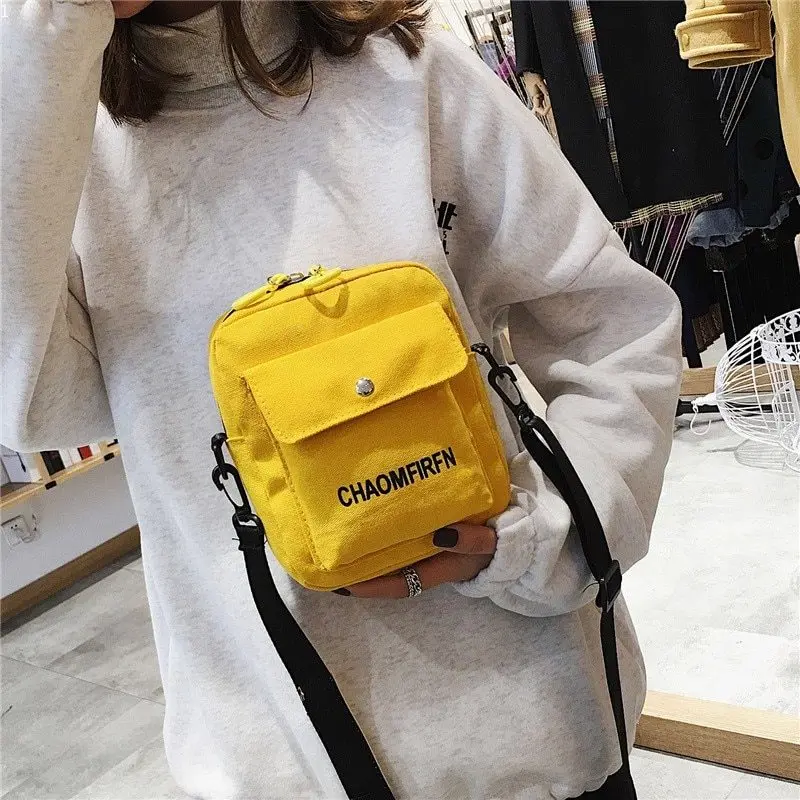 New Fashion Women Canvas Letter Bag Small Square Bag Zipper Cross Body Shoulder Bag Yellow One Shoulder Crossbody Bag