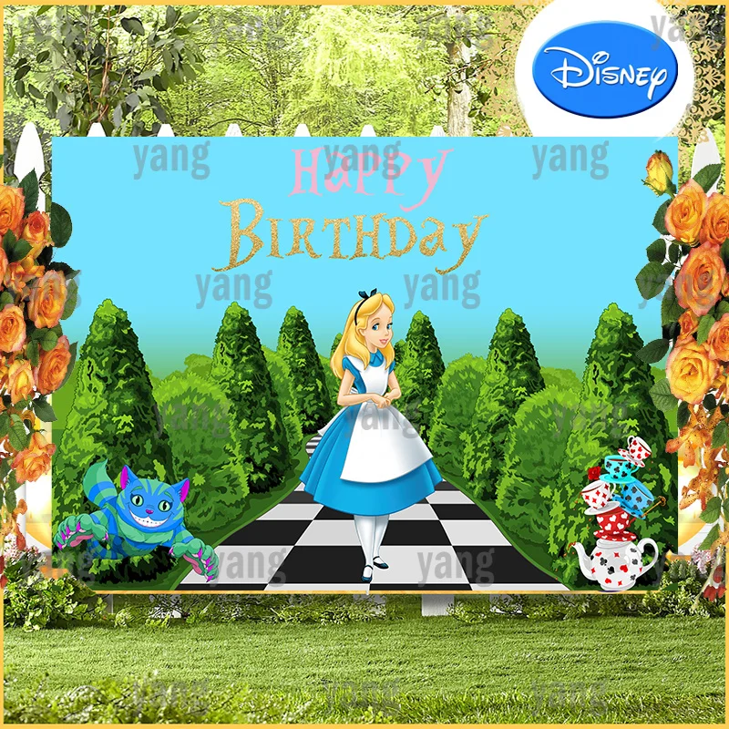 Romantic Disney Alice In Wonderland Checkerboard Backdrop Happy Girl Baby Shower Birthday Cartoon Decoration Backgrounds Banner