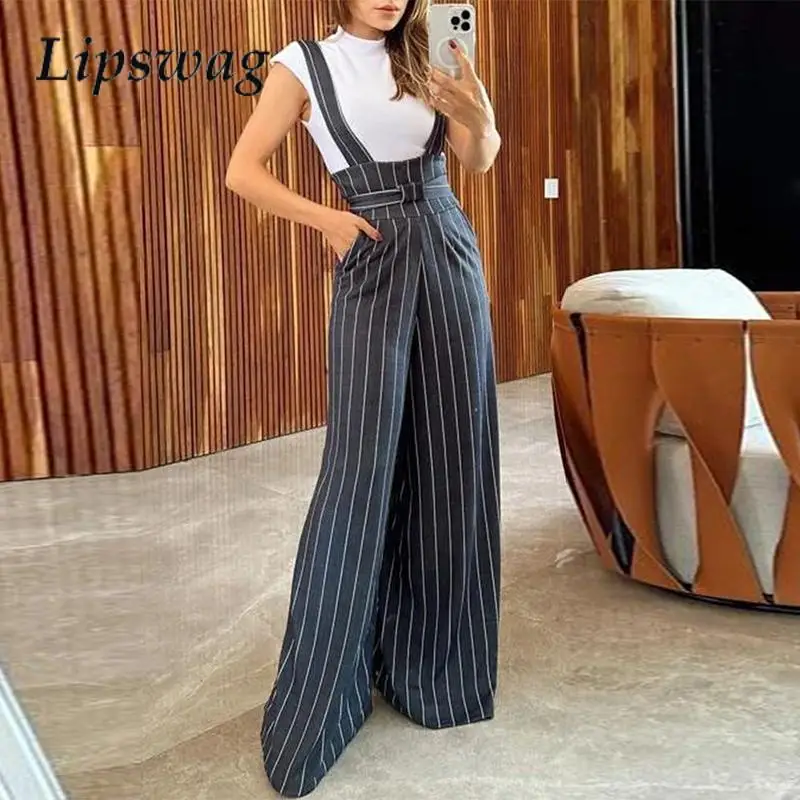 

Модный Полосатый комбинезон на бретельках с принтом, женский свободный брючный костюм с широкими штанинами на талии, Осень-зима, повседневная офисная модель