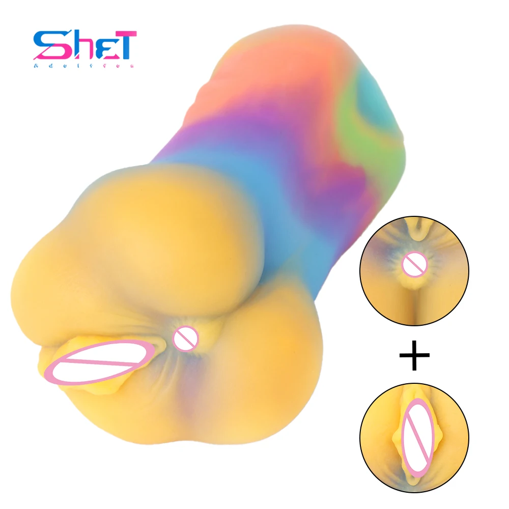 SHET Dual Channel Male Masturbator Massage Silicone Masturbation Cup Real Female Vagina Device Inverted Mold Sex Toys For Men