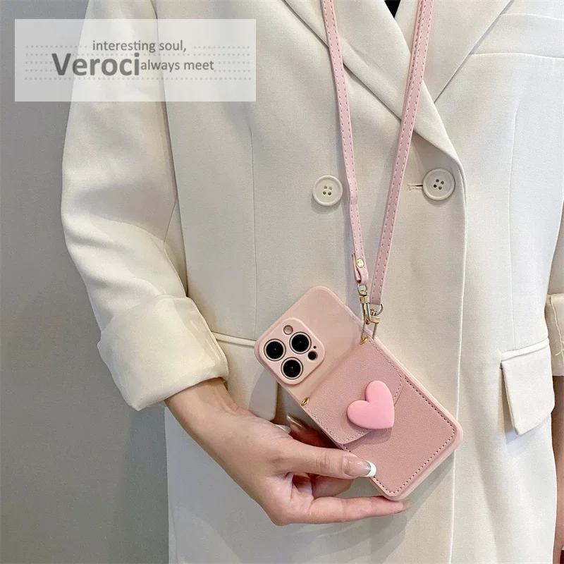 3D Love Heart Wallet Leather Crossbody Lanyard Phone Case For iPhone 15 16 13 14 12 Pro Max X XS Cover Bag Plus