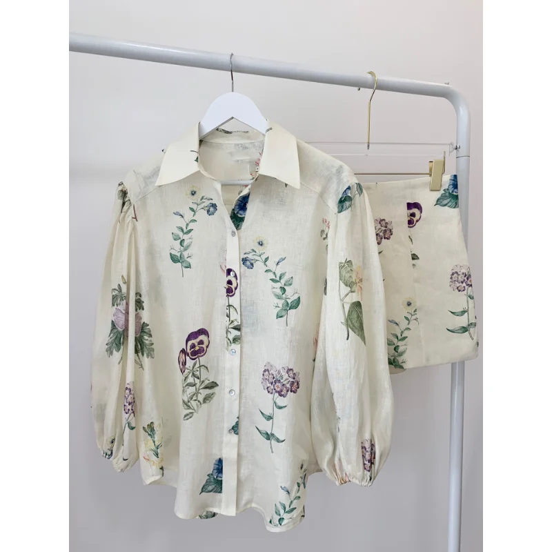 Women Flower Pattern Loose Versatile Linen Shirt or Shorts Set Womens Clothing