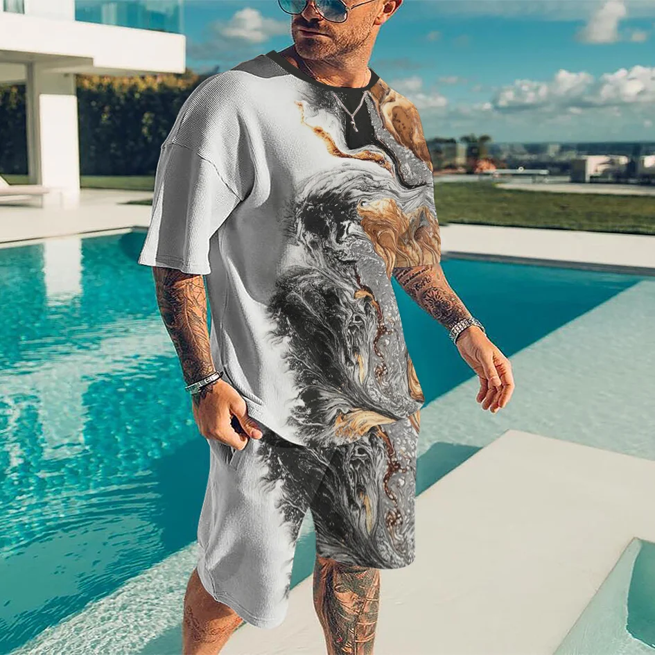 New Men's Casual Two-piece Simple Casual 3D Printed T-shirt Suit Street Fashion Popular Trend Sportswear Oversized T-shirt Men