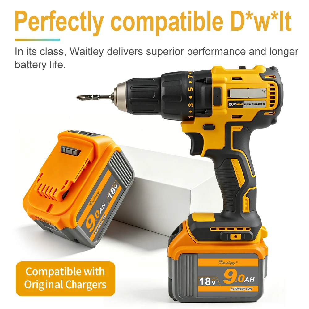 Фото Аккумулятор Waitley 9Ач для электроинструментов Dewalt 18В 20В / аксессуары для инструментов, перезаряжаемые литиевые батареи, замена DCB200 DCB184 №3