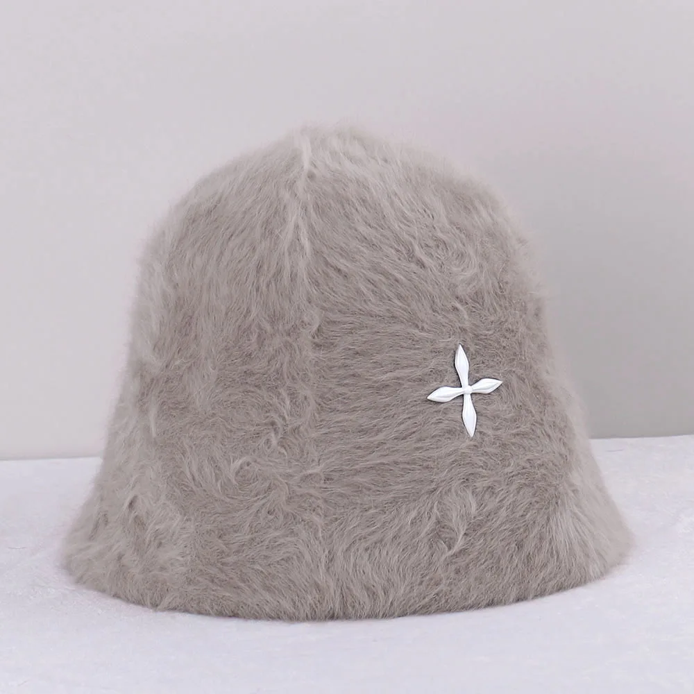 

2022 Winter Solid Rabbit Fur Women's Basin Bucket Hat soft And Versatile Fisherman's Hat with cross Accessories Travel Warm hat