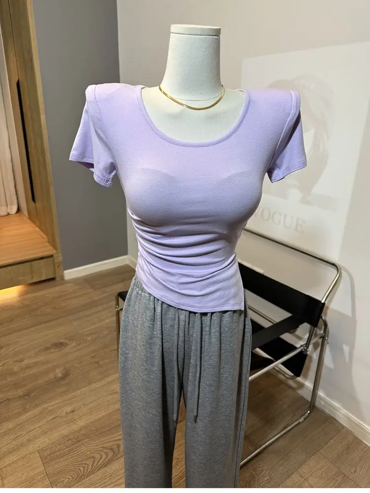 

Wholesale Shoulder Pad Strech Top Basic Slim T Shirts Summer Thin Base Tops Irregular Hem Long Sleeve O Neck Solid Women T Shirt