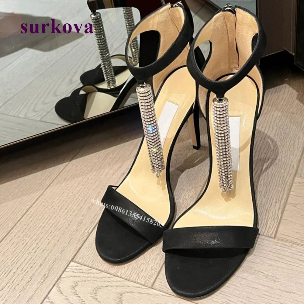 

Crystal Chandelier Pendant Sandals 2022 Summer New Line Rhinestone High Heels Thin Heels Black Open Toe Women's Shoes Designer