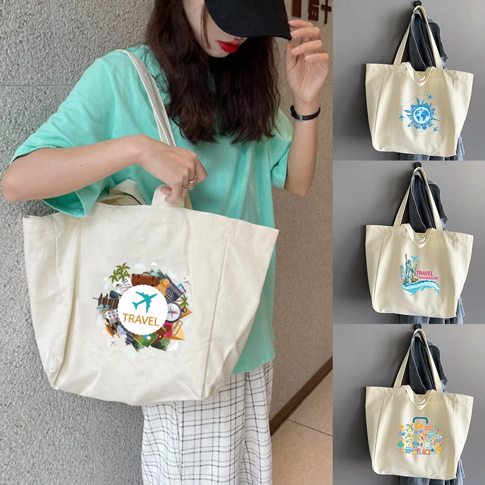 

Canvas Foldable Reusable Women High Capacity Hand-held Organizer Multifunctional Tote Travel Print Supermarket Shopping Handbags